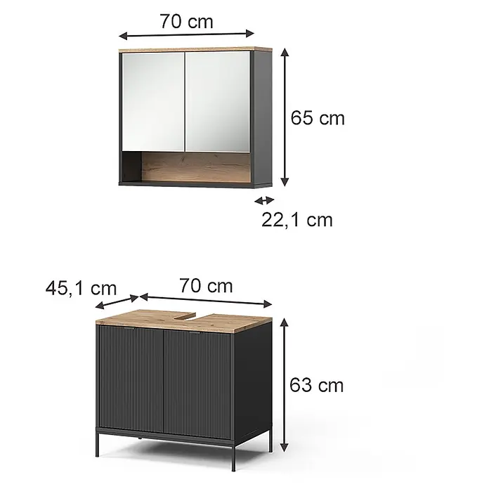 Badmöbel-Set Eliza 70 cm Schwarz Art.-Nr. 71943 -  - Dunkelgrauer Badezimmer-Waschtischunterschrank mit geriffelten Türen und Holzoptikplatte, kombiniert mit einem passenden Spiegelschrank.