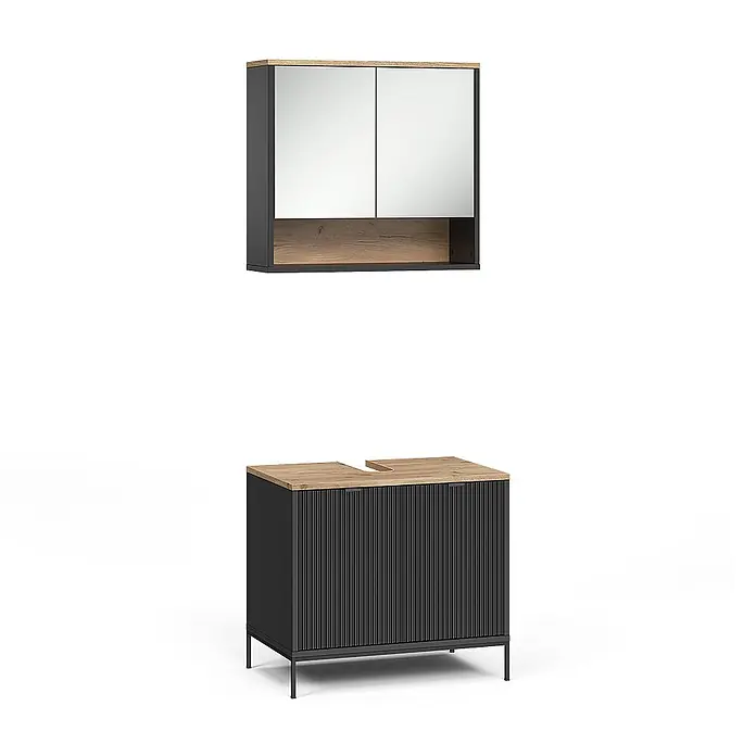 Badmöbel-Set Eliza 70 cm Schwarz Art.-Nr. 71943 -  - Dunkles Badmöbelset mit Eichenakzenten: Spiegelschrank und gerillter Waschtischunterschrank auf Beinen.