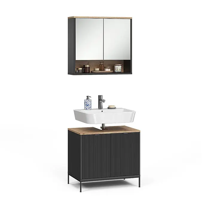 Badmöbel-Set Eliza 70 cm Schwarz Art.-Nr. 71943 -  - Modernes dunkelgraues Badmöbel-Set mit Holzdetails, Spiegelschrank und gerilltem Waschbeckenunterschrank mit Metallfüßen.