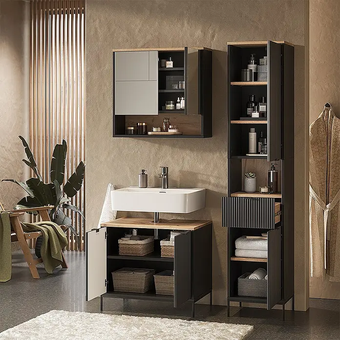 Badmöbel-Set Eliza 70 cm Schwarz Art.-Nr. 71945 -  - Schwarzes und holzfarbenes Badmöbelset mit Wandschrank, Waschtisch und hohem Aufbewahrungsschrank in einem modernen Bad.