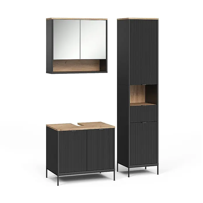 Vicco Badmöbel-Set Eliza, Schwarz/Viking Oak 70 cm -  - Modernes dunkelgraues Badmöbelset mit geriffelten Fronten und hellen Eichenakzenten, bestehend aus Spiegelschrank, Waschtischunterschrank und Hochschrank.
