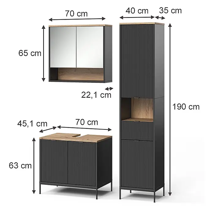 Vicco Badmöbel-Set Eliza, Schwarz/Viking Oak 70 cm -  - Modernes Badmöbel-Set in Dunkelgrau und Holz mit Spiegelschrank, Waschtischunterschrank und Hochschrank.
