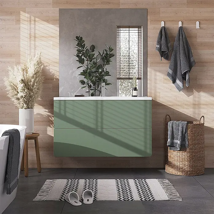 Vicco Badmöbel-Set Izan, Grün/Goldkraft Eiche 100 cm -  - Wandmontierter grüner Badunterschrank mit weißer Arbeitsplatte und zwei Schubladen in einem modernen Badezimmer.