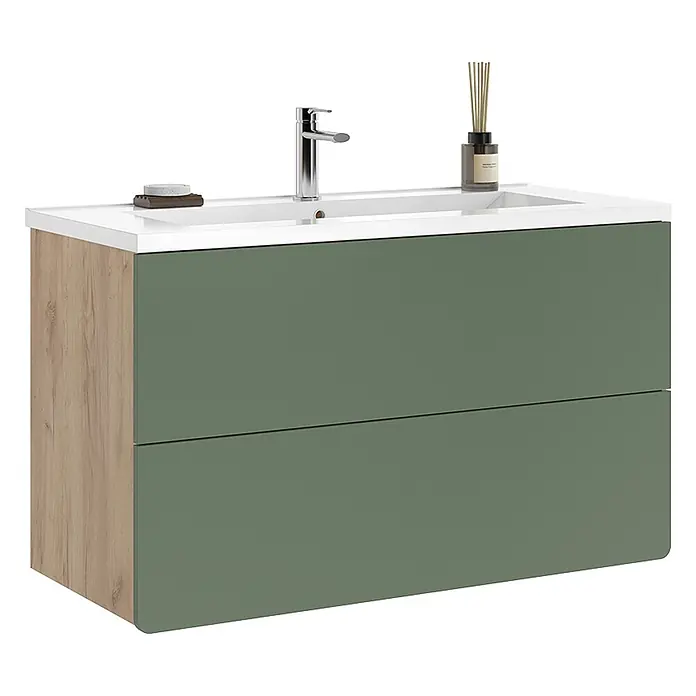 Badmöbel-Set Izan 100 cm Grün Art.-Nr. 71713 -  - Modernes grün-graues Waschbeckenunterschrank mit zwei Schubladen, weißem Waschbecken, Chromarmatur und heller Holzseitenplatte.