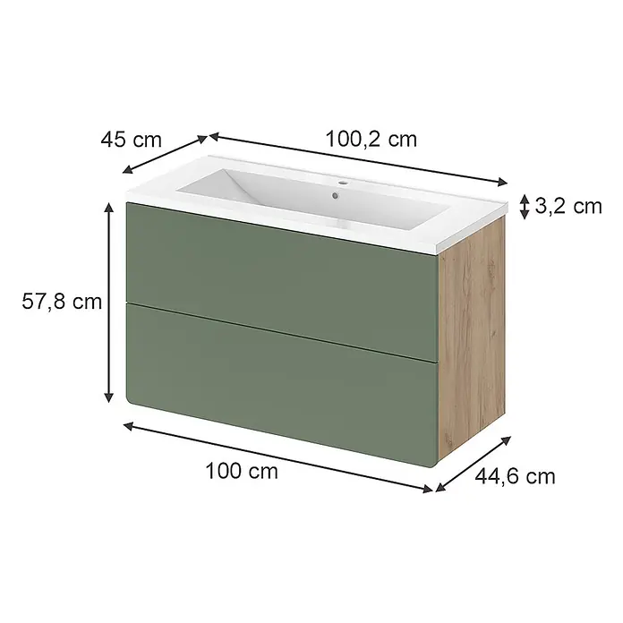 Badmöbel-Set Izan 100 cm Grün Art.-Nr. 71713 -  - Grüner Badunterschrank mit weißem Waschbecken und holzfarbenem Seitenpaneel.