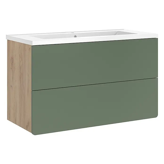 Badmöbel-Set Izan 100 cm Grün Art.-Nr. 71713 -  - Waschtischunterschrank mit weißem Waschbecken, Holzseite und zwei grünen Schubladen.