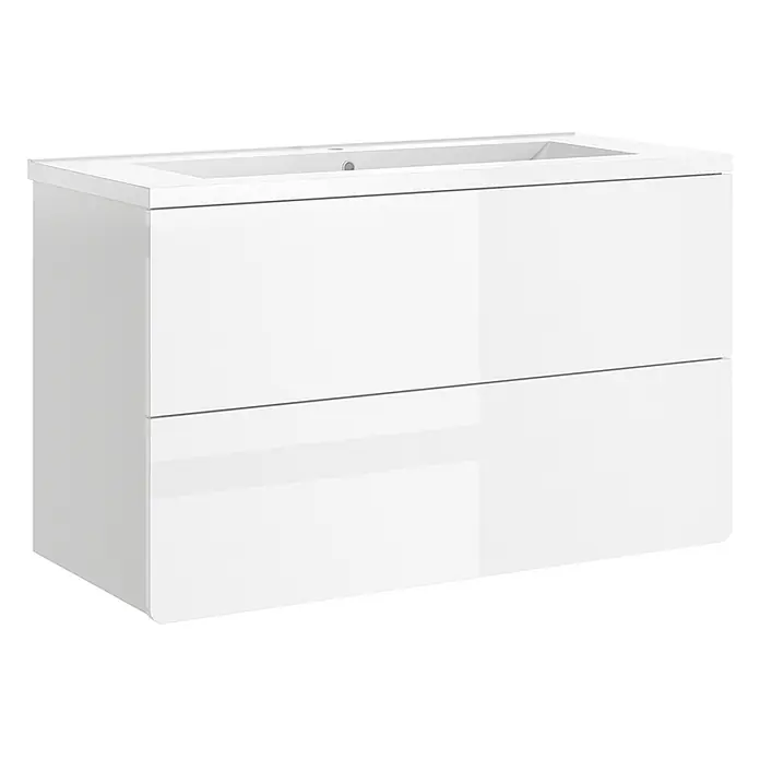Vicco Badmöbel-Set Izan, Weiß Hochglanz/Weiß 100 cm -  - Weißer Hochglanz-Waschtischunterschrank mit integriertem Waschbecken und zwei Schubladen.