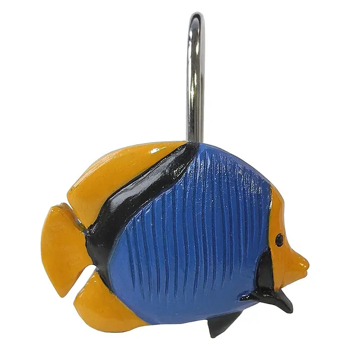 12 Duschvorhangringe Ocean -  - Duschvorhanghaken in Form eines blau-gelben Tropenfisches mit schwarzen Akzenten und einem silbernen Metallhaken.