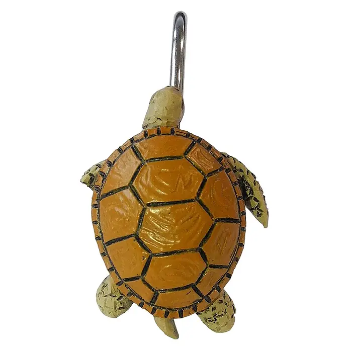 12 Duschvorhangringe Ocean -  - Schildkröten-Duschvorhanghaken mit orangefarbenem Panzer und hellgrünem Körper, mit silbernem Metallhaken.