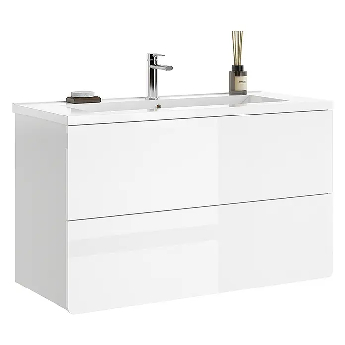 Vicco Badmöbel-Set Izan, Weiß Hochglanz/Weiß 100 cm -  - Weißer Hochglanz-Badunterschrank mit integriertem Waschbecken und zwei Schubladen.