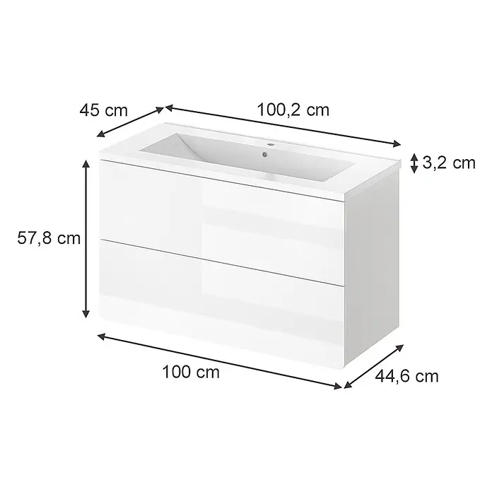 Vicco Badmöbel-Set Izan, Weiß Hochglanz/Weiß 100 cm -  - Weißer Badunterschrank mit integriertem Waschbecken und zwei Schubladen.