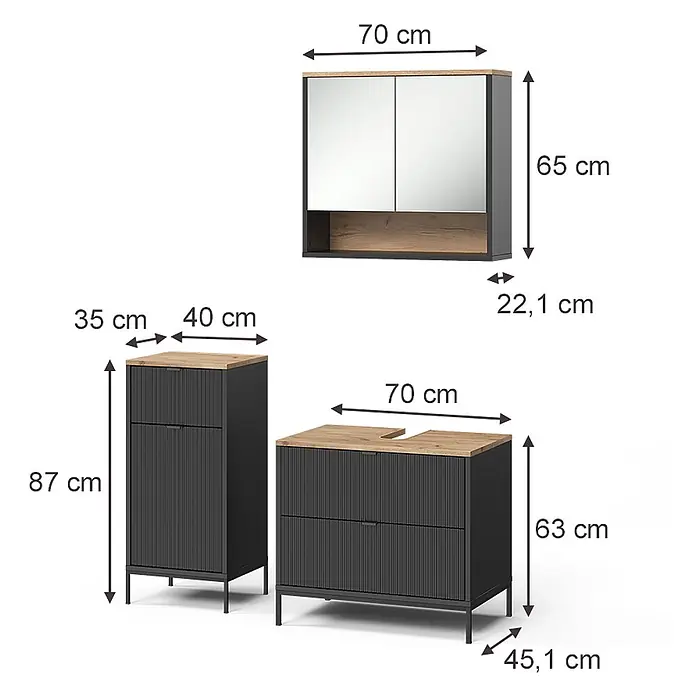 Badmöbel-Set Eliza 70 cm Schwarz Art.-Nr. 71939 -  - Dunkelgraue Badmöbel mit Holzoptik-Platten: Spiegelschrank, Hochschrank und Waschtischunterschrank mit Maßen.