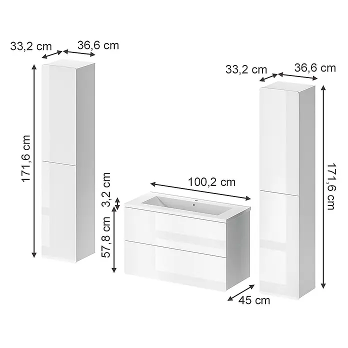 Vicco Badmöbel-Set Izan, Weiß Hochglanz/Weiß 100 cm -  - Weißes, glänzendes Badezimmermöbel-Set mit integriertem Waschbecken und zwei hohen Schränken.