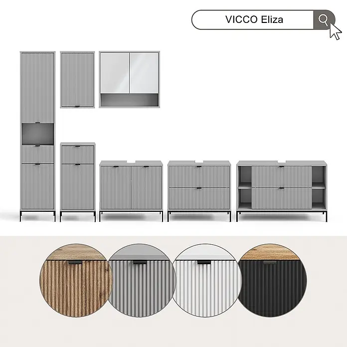 Badmöbel-Set Eliza 70 cm Schwarz Art.-Nr. 71945 -  - Modulares Badezimmermöbel-Set in Hellgrau mit geriffelter Textur und schwarzen Griffen. Erhältlich in Holz, Weiß, Schwarz.
