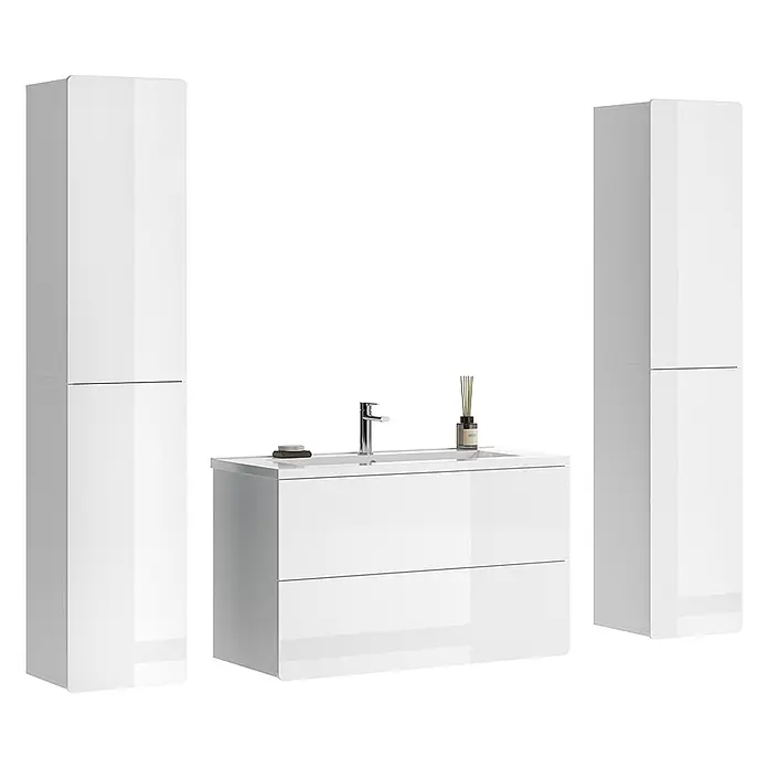 Vicco Badmöbel-Set Izan, Weiß Hochglanz/Weiß 100 cm -  - Weiße glänzende Badmöbel mit Waschbecken, Armatur und zwei hohen Hochschränken.