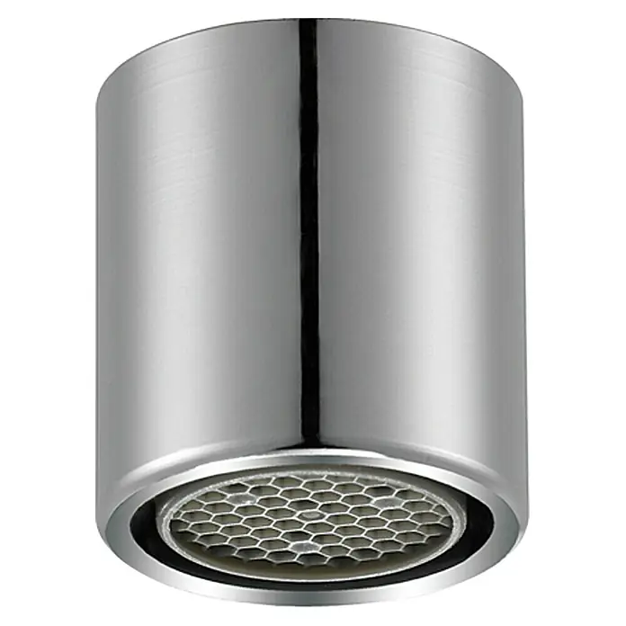 Neoperl Strahlregler - M 16, 7 l/min - Nahaufnahme eines verchromten Wasserhahnaufsatzes mit Wabendesign, das ein modernes und elegantes Badezimmeraccessoire zeigt.