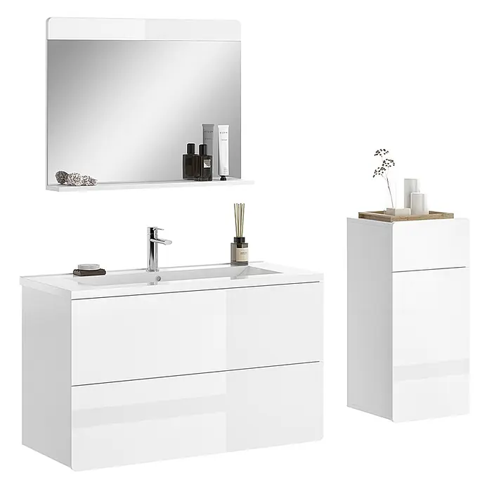 Vicco Badmöbel-Set Izan, Weiß Hochglanz/Weiß 100 cm -  - Weißes, hochglänzendes Badezimmermöbel-Set mit Waschtisch, Spiegel mit Ablage und hohem Beistellschrank.