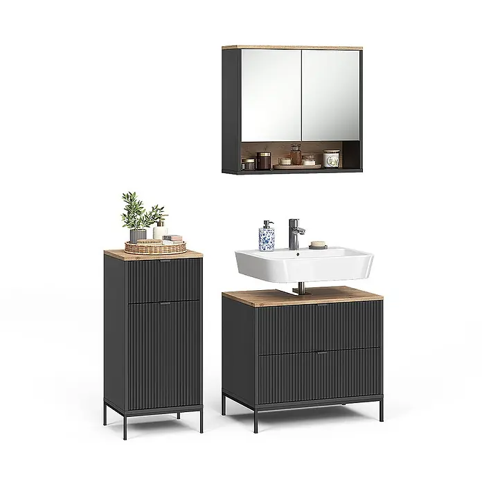 Badmöbel-Set Eliza 70 cm Schwarz Art.-Nr. 71939 -  - Dunkelgraues Badmöbel-Set mit Holzoptik-Platten: Spiegelschrank, Waschtisch mit weißem Waschbecken und Hochschrank, alle mit gerippten Fronten.