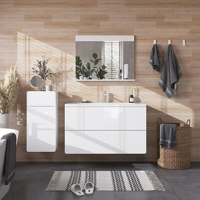Vicco Badmöbel-Set Izan, Weiß Hochglanz/Weiß 100 cm -  - Weißer wandmontierter Badezimmerwaschtisch mit Waschbecken und passendem Schrank in einem modernen Bad.