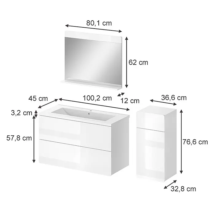 Vicco Badmöbel-Set Izan, Weiß Hochglanz/Weiß 100 cm -  - Weißes, glänzendes Badmöbelset mit Waschtisch, Spiegel und Hochschrank.