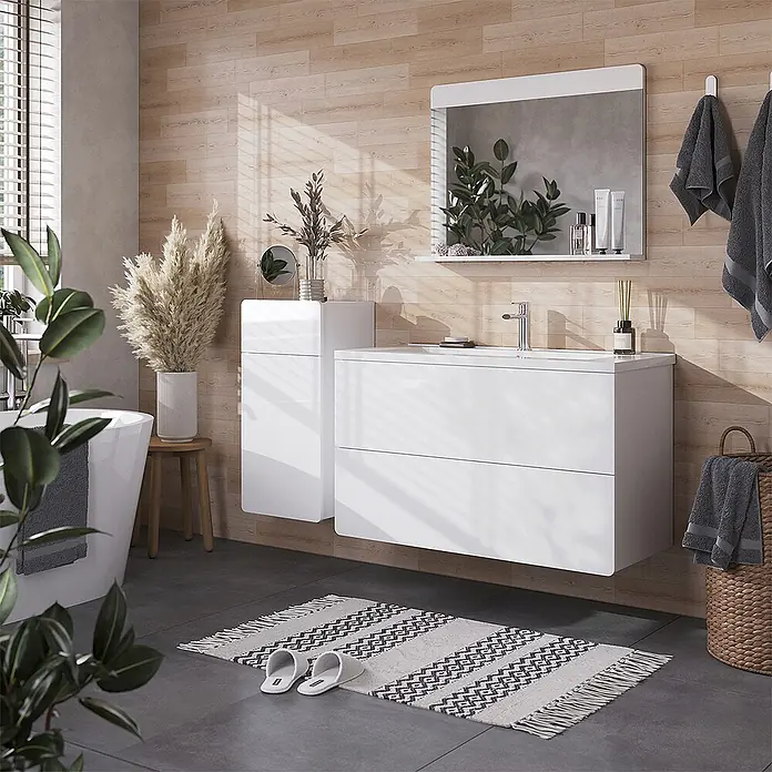 Vicco Badmöbel-Set Izan, Weiß Hochglanz/Weiß 100 cm -  - Weißer schwebender Waschtischunterschrank mit Becken und passendem Wandschrank, in modernem Badambiente.