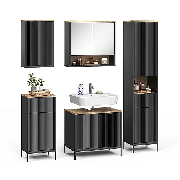 Badmöbel-Set Eliza 70 cm Schwarz Art.-Nr. 71947 -  - Dunkelgraues geripptes Badmöbel-Set mit hellen Holzdetails, bestehend aus Schränken, Spiegelschrank und Waschtischunterschrank mit Waschbecken.