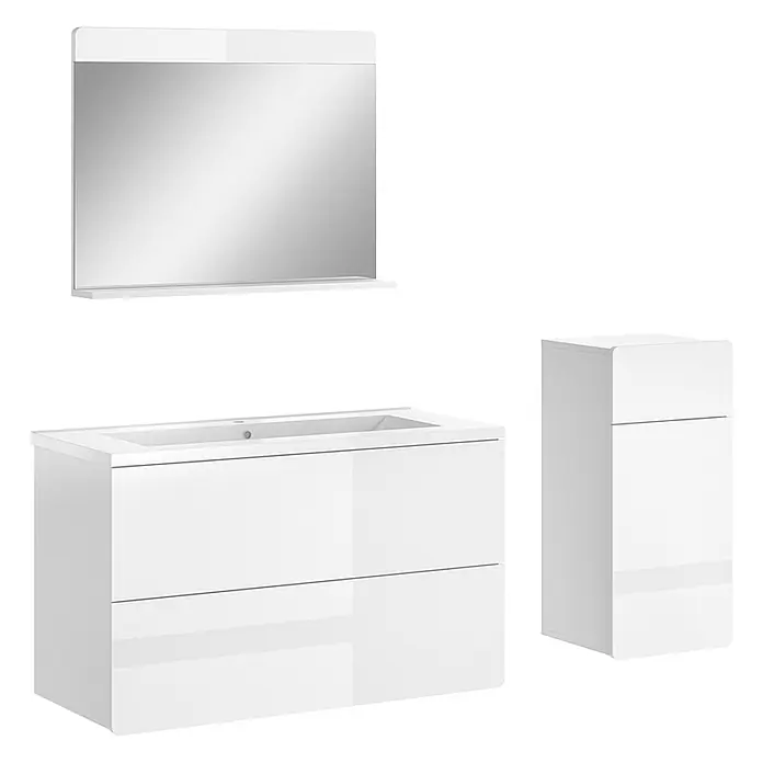 Vicco Badmöbel-Set Izan, Weiß Hochglanz/Weiß 100 cm -  - Weißes glänzendes Badmöbel-Set: Waschtischunterschrank mit zwei Schubladen, Spiegel mit Ablage und passender Hochschrank.