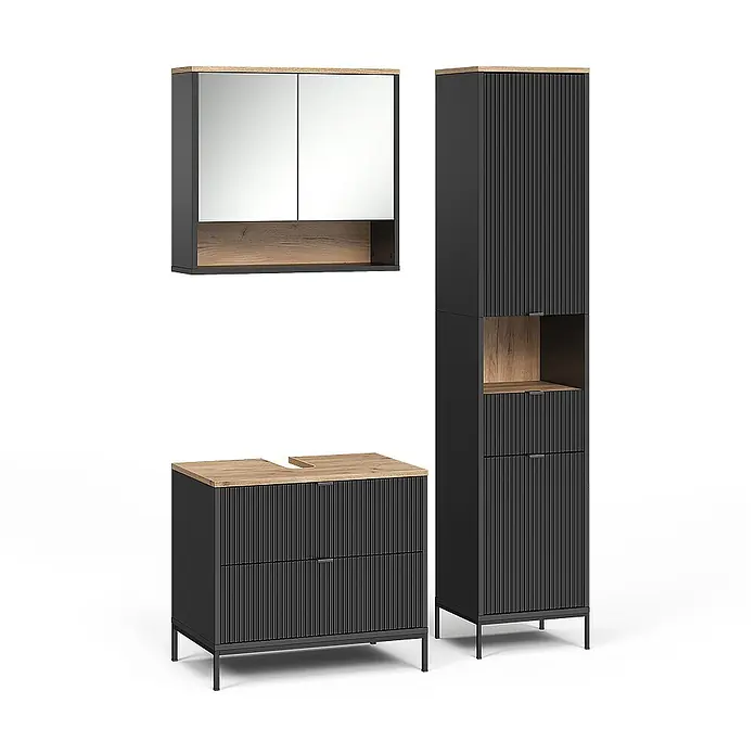 Badmöbel-Set Eliza 70 cm Schwarz Art.-Nr. 71940 -  - Dunkelgraues geripptes Badmöbel-Set mit Holz-Akzenten: Spiegelschrank, Waschtischunterschrank, Hochschrank.