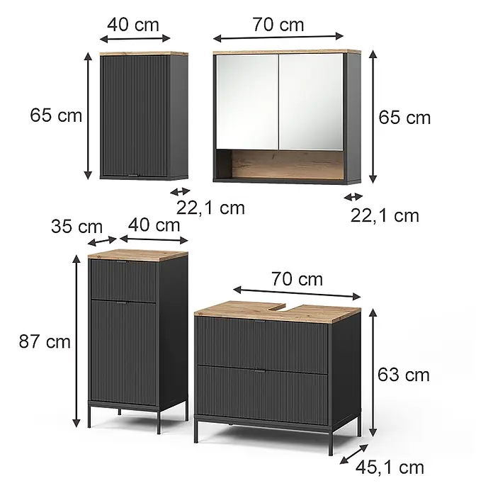 Badmöbel-Set Eliza 70 cm Schwarz Art.-Nr. 71941 -  - Set dunkelgrauer Badmöbel mit geriffelten Fronten und hellen Holzplatten, bestehend aus Hängeschränken, Hochschrank und Waschtischunterschrank.