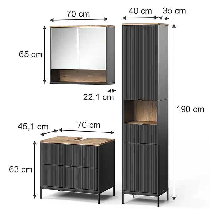 Badmöbel-Set Eliza 70 cm Schwarz Art.-Nr. 71940 -  - Modernes dunkelgraues Badezimmermöbel-Set mit Holzdetails, bestehend aus Spiegelschrank, Waschtischunterschrank und Hochschrank.