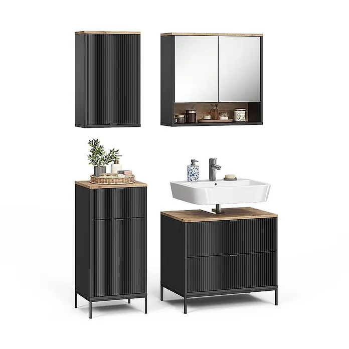 Badmöbel-Set Eliza 70 cm Schwarz Art.-Nr. 71941 -  - Schwarzes geriffeltes Badmöbelset mit Holzoptik-Platten: zwei Wandschränke (einer verspiegelt), ein Hochschrank und ein Waschtischunterschrank.
