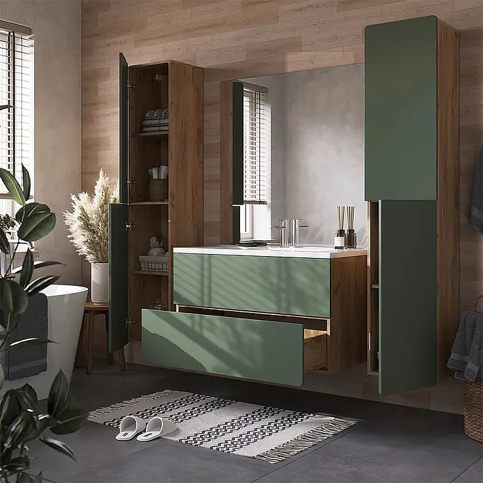Badmöbel-Set Izan 100 cm Grün Art.-Nr. 71718 -  - Modernes Badezimmer-Waschtisch-Set mit grünen und Holzoptik-Schränken, integriertem Waschbecken und Spiegel.