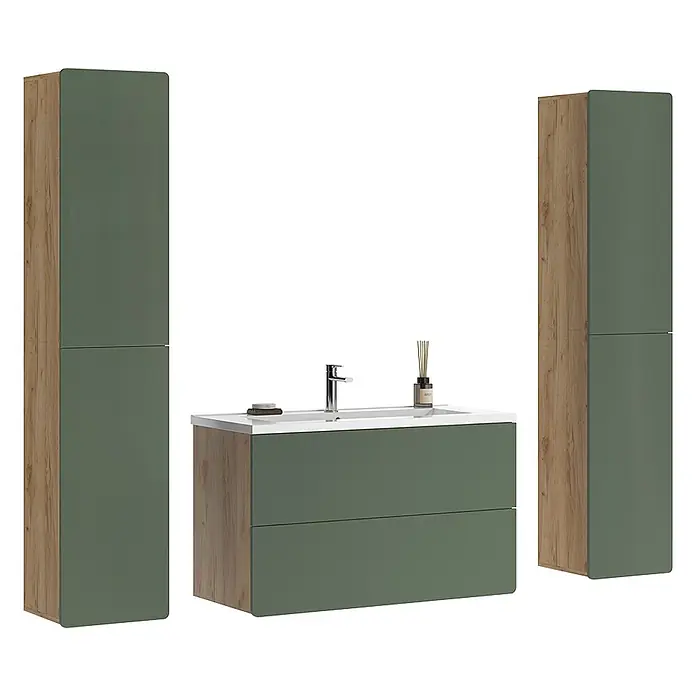 Vicco Badmöbel-Set Izan, Grün/Goldkraft Eiche 100 cm -  - Modernes Badmöbelset mit dunkelgrünem Waschtisch und Waschbecken, flankiert von zwei hohen Schränken in Holzoptik und Dunkelgrün.