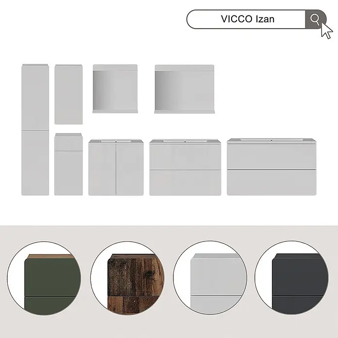 Badmöbel-Set Izan 100 cm Grün Art.-Nr. 71713 -  - Modulares VICCO Izan Badmöbelset in Hellgrau, zeigt verschiedene Schrankkonfigurationen und verfügbare Oberflächen wie Holz, Dunkelgrün und Dunkelgrau.