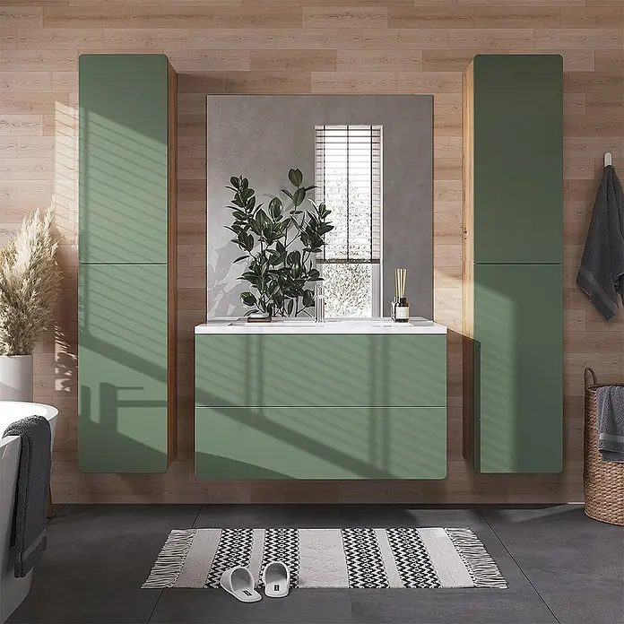 Vicco Badmöbel-Set Izan, Grün/Goldkraft Eiche 100 cm -  - Salbeigrünes wandmontiertes Badezimmer-Waschtischset mit Waschbecken und zwei Hochschränken.