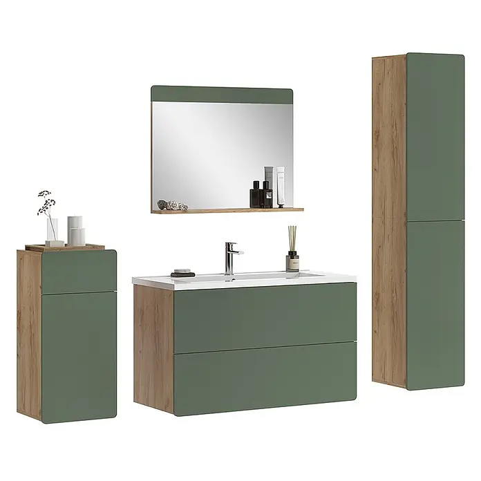 Vicco Badmöbel-Set Izan, Grün/Goldkraft Eiche 100 cm -  - Modernes Badmöbel-Set in Holzoptik und Salbeigrün, bestehend aus Waschtisch, Spiegel und zwei Hochschränken.