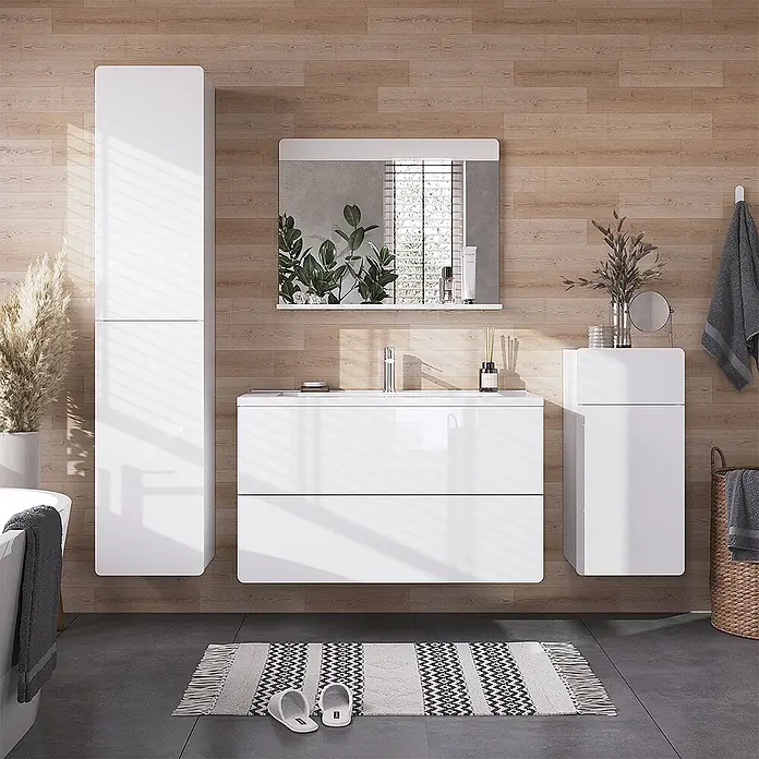 Vicco Badmöbel-Set Izan, Weiß Hochglanz/Weiß 100 cm -  - Modernes weißes, glänzendes Badmöbelset mit Hochschrank, Waschtisch mit Waschbecken, Spiegel und kleinem Schrank.