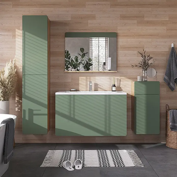 Vicco Badmöbel-Set Izan, Grün/Goldkraft Eiche 100 cm -  - Modernes grünes Badmöbel-Set mit Waschtischunterschrank, Hochschrank und Wandschrank, für stilvollen Stauraum.