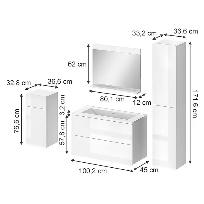 Vicco Badmöbel-Set Izan, Weiß Hochglanz/Weiß 100 cm -  - Weißes, glänzendes Badmöbelset mit Waschbecken, Spiegel und Schränken, inklusive Maßen.