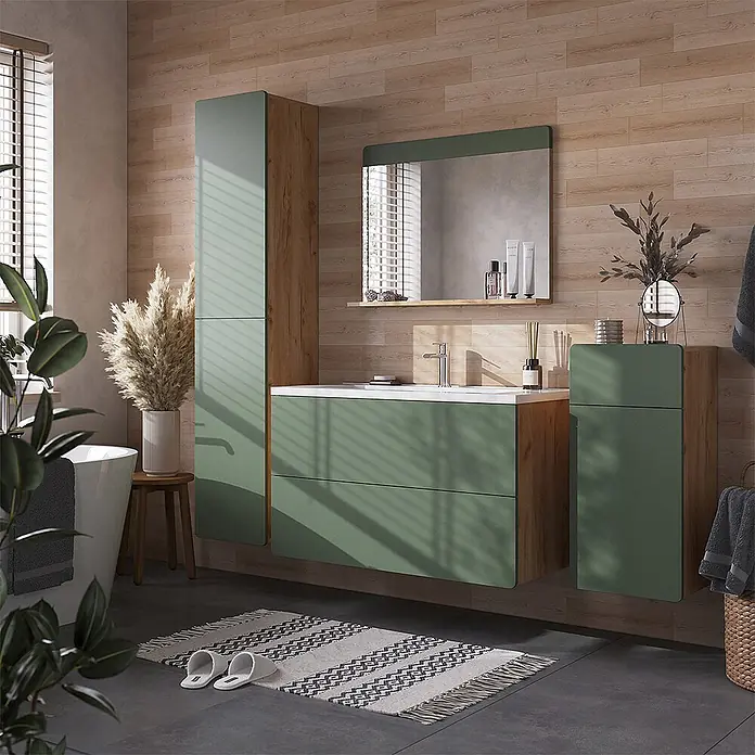Vicco Badmöbel-Set Izan, Grün/Goldkraft Eiche 100 cm -  - Modernes Badmöbel-Set in Grün und Holz mit Waschtisch, Hochschrank und Wandschrank in einem stilvollen Bad.