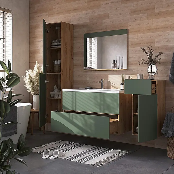 Vicco Badmöbel-Set Izan, Grün/Goldkraft Eiche 100 cm -  - Modernes Badezimmermöbel-Set mit grünem Waschtischunterschrank, hohem Schrank und Beistellschrank, alle mit grünen Fronten und Naturholzakzenten.