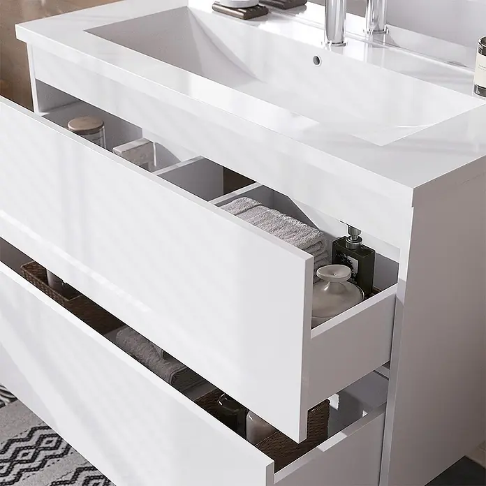 Vicco Badmöbel-Set Izan, Weiß Hochglanz/Weiß 100 cm -  - Weißer glänzender Badunterschrank mit integriertem Waschbecken und offenen Schubladen mit organisiertem Stauraum.
