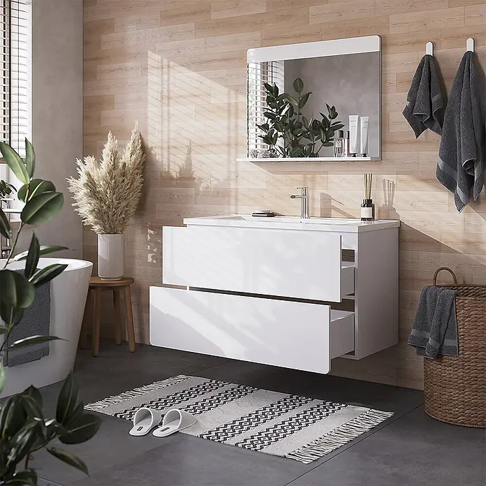 Vicco Badmöbel-Set Izan, Weiß Hochglanz/Weiß 100 cm -  - Weißer wandhängender Badezimmerschrank mit integriertem Waschbecken und zwei teilweise geöffneten Schubladen, in einem modernen Bad.