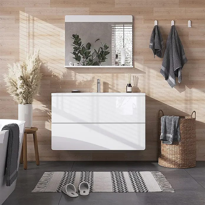 Vicco Badmöbel-Set Izan, Weiß Hochglanz/Weiß 100 cm -  - Weißer wandmontierter Badezimmer-Waschtisch in einem modernen Badezimmer.