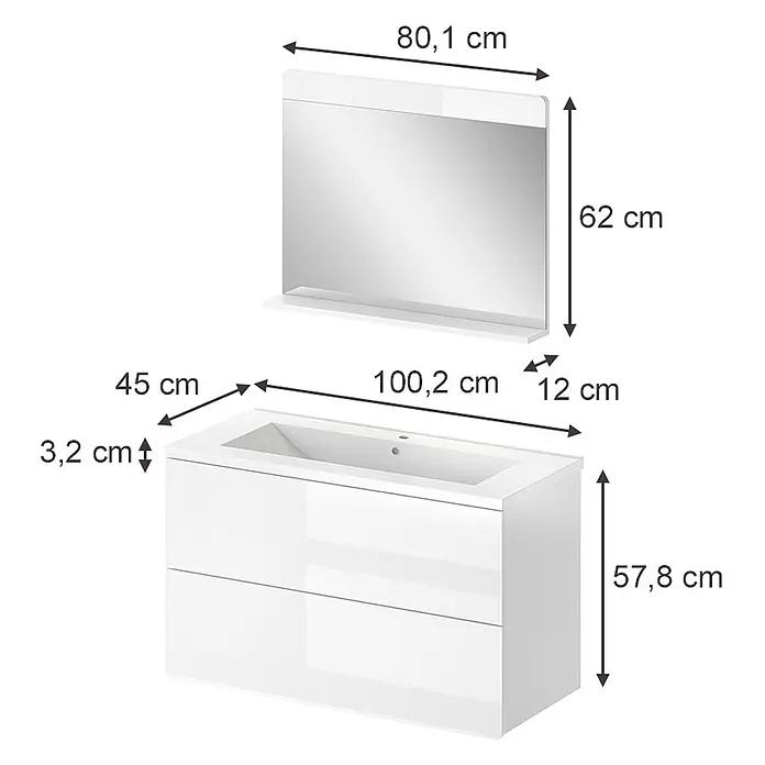Vicco Badmöbel-Set Izan, Weiß Hochglanz/Weiß 100 cm -  - Weißer Hochglanz-Badmöbel-Set mit integriertem Waschbecken und passendem Spiegel.