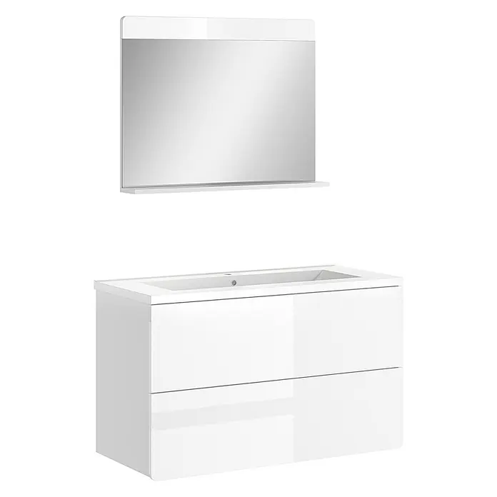 Vicco Badmöbel-Set Izan, Weiß Hochglanz/Weiß 100 cm -  - Weißer, glänzender wandmontierter Waschtischunterschrank mit integriertem Waschbecken und passendem Spiegel mit Ablage.