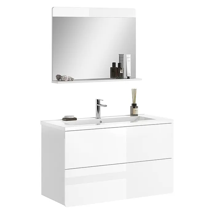 Vicco Badmöbel-Set Izan, Weiß Hochglanz/Weiß 100 cm -  - Weißes Hochglanz Badmöbel-Set mit integriertem Waschbecken, zwei Schubladen und einem Wandspiegel mit Ablage und Chromarmatur.