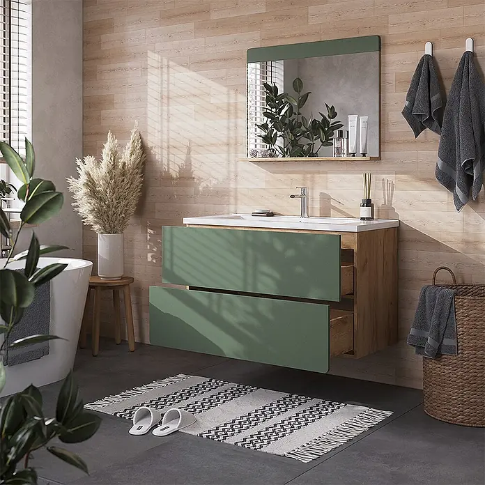 Vicco Badmöbel-Set Izan, Grün/Goldkraft Eiche 100 cm -  - Moderner Badschrank mit grünen Schubladenfronten und Holzrahmen, weißem Waschbecken und passendem grünem Spiegel.