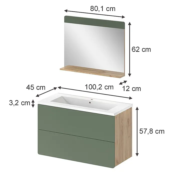Badmöbel-Set Izan 100 cm Grün Art.-Nr. 71714 -  - Badezimmermöbel (100,2x45x57,8 cm) mit grünen Schubladen, Holzseiten, weißem Waschbecken und passendem Spiegel (80,1x62 cm) mit grüner Oberseite und Holzablage.