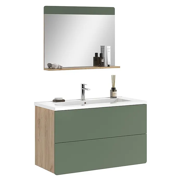 Vicco Badmöbel-Set Izan, Grün/Goldkraft Eiche 100 cm -  - Grüner Badwaschtisch mit integriertem weißen Waschbecken, Holzoptikseite und passendem Spiegel mit Ablage.